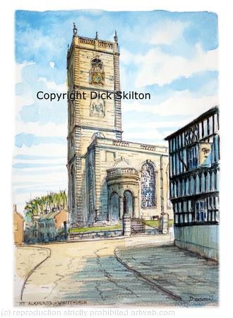 Whitchurch ( Shropshire) Church, St Alkmunds watercolour printed on a 6 by 4 inch greeting card with envelope in a cello bag.
