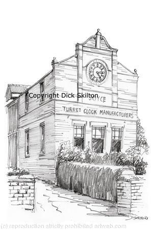 Whitchurch Turret clock Manufacturers Joyce Building pen drawing, printed on a white 6 by 4 greeting card with envelope in a cello bag. 