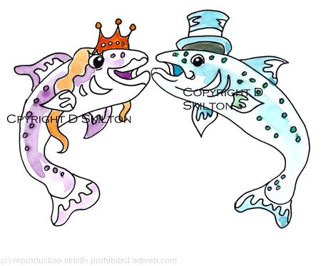 Trout cartoon wedding bride and groom, a wedding invitation perhaps or thank you card. This is on a 6 by 4 card.