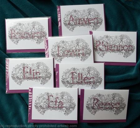 Elin, Ellen, Lowri, Rhiannon, Reese, Anwen, Efa, and Branwen. several Examples of name art design cards at £2.50 each . Each name individually woven within a design of a fairy, unicorn castle etc.