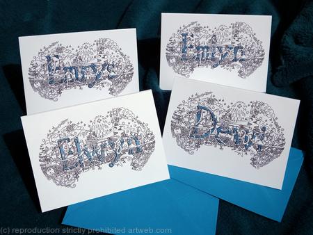 Elwyn, Dewi, Emrys, and Emlyn as examples of name design cards. These are sold as a single 6 by 4 inch card for £2.50 each. Please contact me for multiple cards and names to save postage.