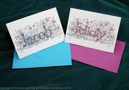 Christmas name art designs, Jacob and Felicity are examples( cards are sold as a single item for £2.50 each) any name can be produced for you in this way. Ideal for putting money in as gift for Christmas.