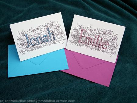 Christmas name art card examples, Jonah and Emilie but any name can be done in this way for you. Ideal to put christmas money in for a child, unique gift.