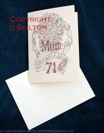 MUM 71 card with flowers and bridge hand and gardening tools example of a bespoke design as a card. You might want Susan, 84 , football., ice skates and we can do this for you as a card design in a similar style. Cost around £5 including postage in UK 