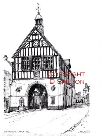 Bridgnorth Town Hall black and white drawing as a greeting card or bespoke notelet. Prints and postcards available.