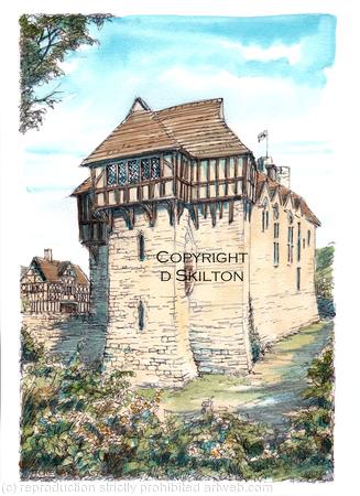 STOKESAY CASTLE vertical from the path by the church as a signed print on a4 watercolour paper. Unmounted.