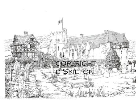 Stokesay castle pen drawing with path as a greeting card, or bespoke notelet. Prints and postcards available.