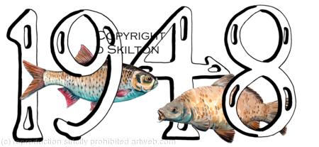 1948 with Carp and rudd. Any year and any fish can be within a design like this. Printed as a greeting card or notelet or even party invitation.