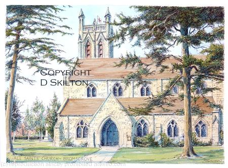 Bromsgrove All saints church watercolour as a greeting card or bespoke notelet, invitation or thank you card. Prints and postcards available.