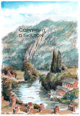 Bridgnorth High rock colour as seen from Castle walk. Greeting card or bespoke notelet. postcard sets of Bridgnorth available and also prints.