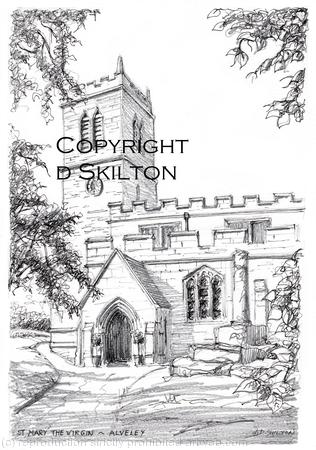 Alveley Church St Mary's black and white vertical as a greeting or bespoke card or notelet. prints and postcards available.