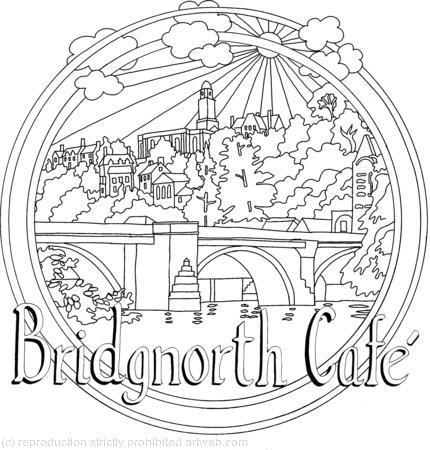 Bridgnorth view of the bridge from lowtown. Example of a colouring in design for any hotel, cafe, b&b etc. Any name can be within this design as the wording. Please ask. 