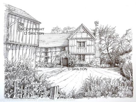 Lower Brockhampton pencil and pen drawing as a greeting card, bespoke notelet. prints and postcards available.