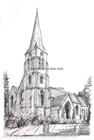 Abberley St Mary's Victorian church pencil and pen as a greeting, thank you card, invitation etc. Prints and postcards available. 