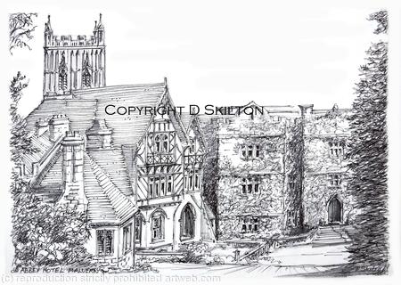Malvern Abbey Hotel black and white with the Abbey tower behind. Greeting card or thank you card or invitation. Prints and postcards available. the 