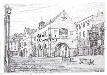 SHREWSBURY old market hall pencil and pen as a signed print on watercolour paper, unmounted.