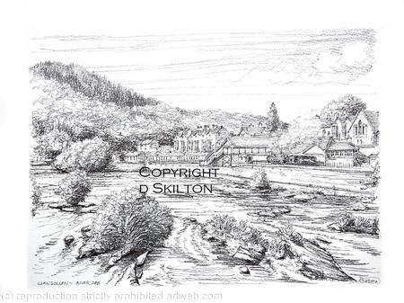 Llangollen station and the river Dee from the bridge as a signed laser print in a 7 by 9 inch mount.