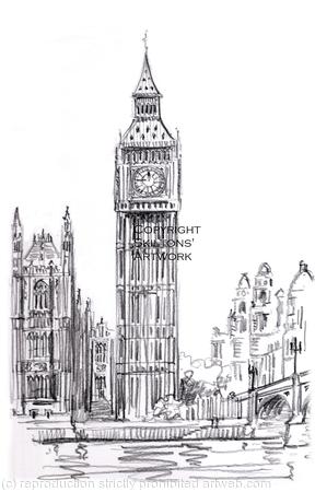 London Big Ben pencil drawing as a greeting card. 