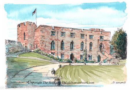 60 SHREWSBURY castle greeting cards or invitation cards, either black and white or watercolour image ivory 6 by 4 inch greeting card with a brown recycled envelope.