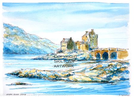  Eilean Donan castle winter watercolour as a greeting card or bespoke notelet. Prints and postcards available.