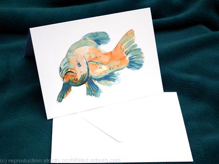 Tench, loose watercolour on a 5 by 7 inch greeting card or invitation perhaps. This image can be used on a fishing record card of some kind. prints and postcards available.