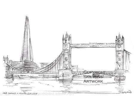 London Shard and Tower Bridge pencil, printed as a greeting card image. Prints and postcards available.