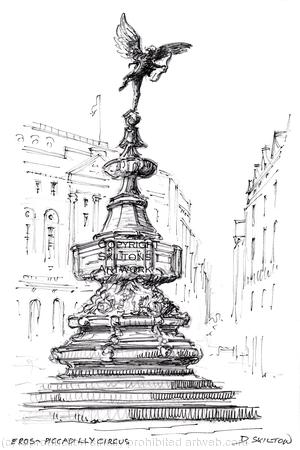 London Piccadilly Eros pencil and pen as a greeting card or bespoke notelet or even an invitation card. Prints and postcards available.