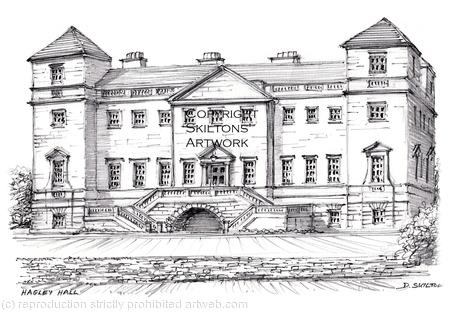 Hagley Hall Worcestershire pencil and pen as a signed  print on a4 watercolour paper. Unmounted.