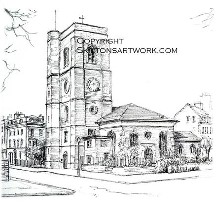 London Chelsea old church wedding venue pencil and pen as a blank card for you to print or write. Prints available.