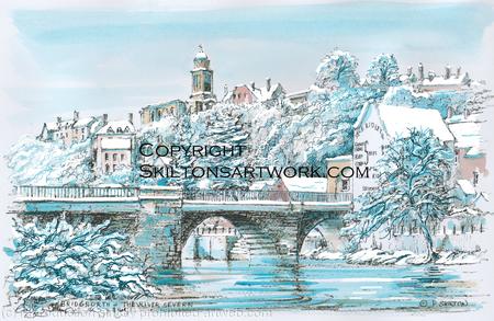 120 Bridgnorth North side of the bridge in snow, blank inside 6 by 4 inch ivory card.