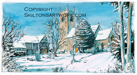 Highley church (from gaveyard) in snow as a blank card. Ideal christmas card. Prints and postcards available.