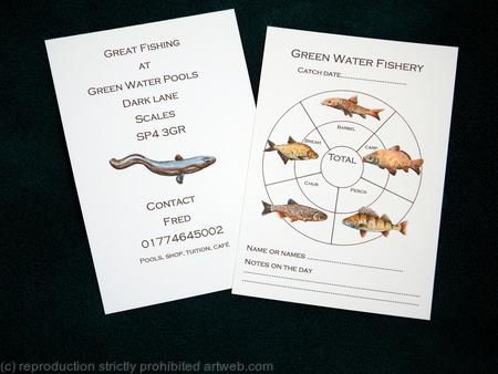 Bespoke fishing record card example. This could be given out to beginners at a fishing venue with Cafe etc. Any fish paintings available. We work with you to design what your business needs ( No set up fee)