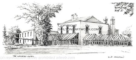 Wroxeter Hotel Pen and pencil drawing, printed as a .signed  print on a4 watercolour paper. Unmounted.