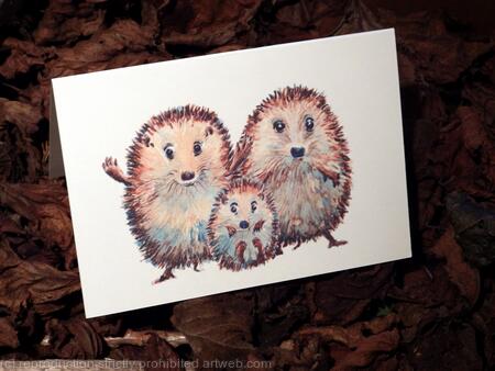  3 skillipigs collection. Two hedgehogs with one baby. Blank inside greeting card, third in the collection. This card can have family names printed below the image for a small cost.