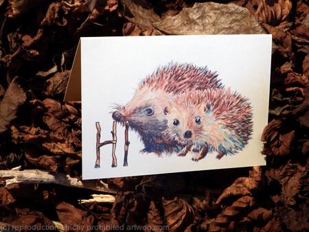 4  HI hedgehog or Skillipigs collection. 6 by 4 inch greeting card with brown recycled envelope.
