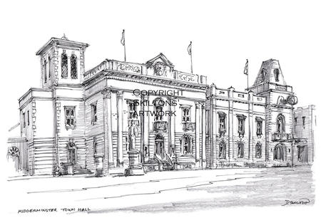 Kidderminster Town Hall wedding and event venue as a signed  print on a4 watercolour paper. Unmounted.