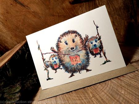 Hedgehog Skillipigs card 'The runners' No. 31 . Greeting card 6 by 4 inches with recycled envelope. This can have 'Your a winner< below the image or HAPPY BIRTHDAY perhaps. We do this in hedgehog stick writing.