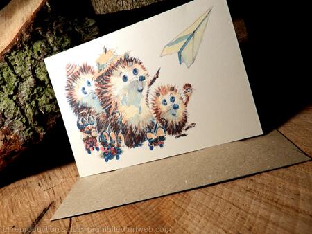 43 Leaving with paper plane. Fun hedgehog collection as 6 by 4 cards with brown recycled envelope.