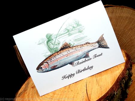 RAINBOW TROUT, HAPPY BIRTHDAY card. This is one of my 'Gone Fishing collection' a 5 by 7 inch card with envelope in cello bag. 
