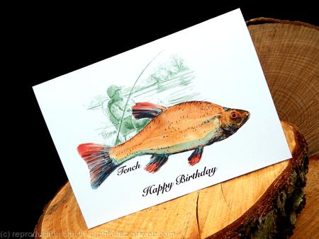 HAPPY BIRTHDAY tench card. One of our 'Gone Fishing' collection. This can say HAPPY BIRTHDAY SON or any name you like, just ask. 