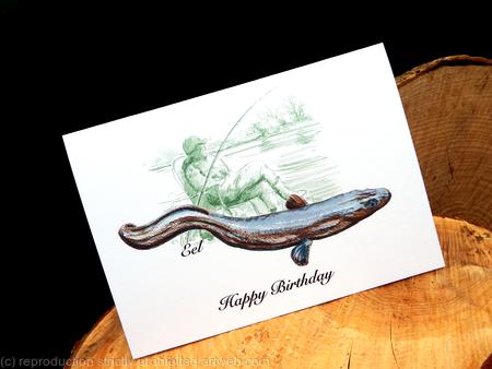 EEL HAPPY BIRTHDAY card . One of the 'Gone Fishing' collection. Any of our freshwater fish image and any message below can be printed for you, just ask.