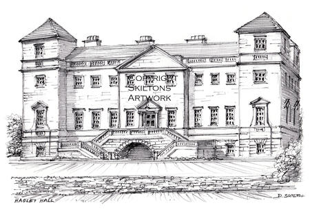 Hagley Hall Worcestershire pen and pencil drawing as a signed  print on a4 watercolour paper. Unmounted.