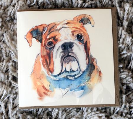 English Bulldog Pawtrait as a 6 by 6 inch card. signed prints also available in a 7 by 9 inch mount.