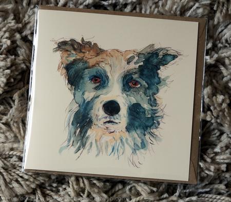 Border collie card, one of my Pawtrait collection. 6 by 6 inch card with recycled brown envelope. Signed prints available within 7 by 9 inch mount, please ask.