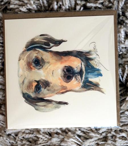 Doberman portrait as 6 by 6 card with recycled brown envelope. Signed prints available in a 7 by 9 inch mount on request.