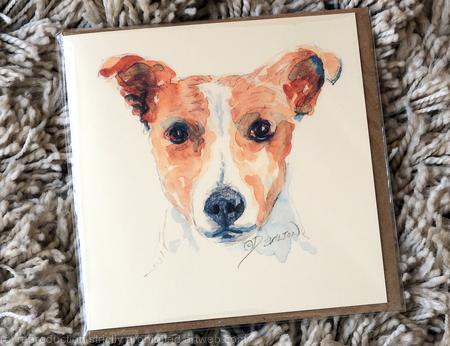 Jack Russell portrait card 6 by 6 inches with brown recycled envelope. Signed prints in 7 by 9 inch mount available on request.