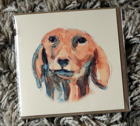 Dachshund portrait 6 by 6 inch card with recycled envelope. Signed prints available in 7 by 9 inch mount.