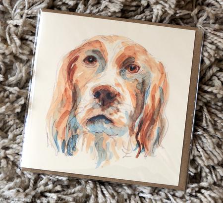 English Cocker Spaniel card 6 by 6 inches square with brown recycled envelope. signed prints mounted in 7 by 9 inch mount available. 