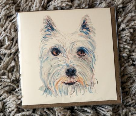 Westie card 6 by 6 inches square with brown recycled envelope. Prints available.