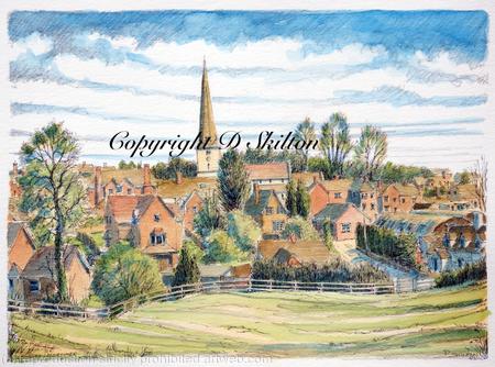 Cleobury mortimer Village and church from the hill, Colour. card 6 by 4 with envelope. Prints also available.